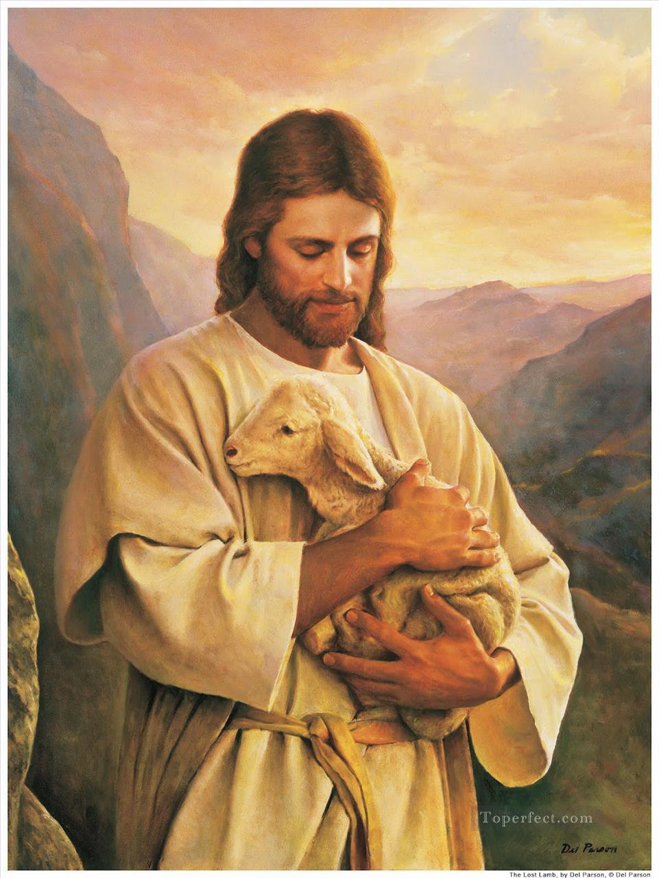 迷子の子羊を運ぶイエス油絵